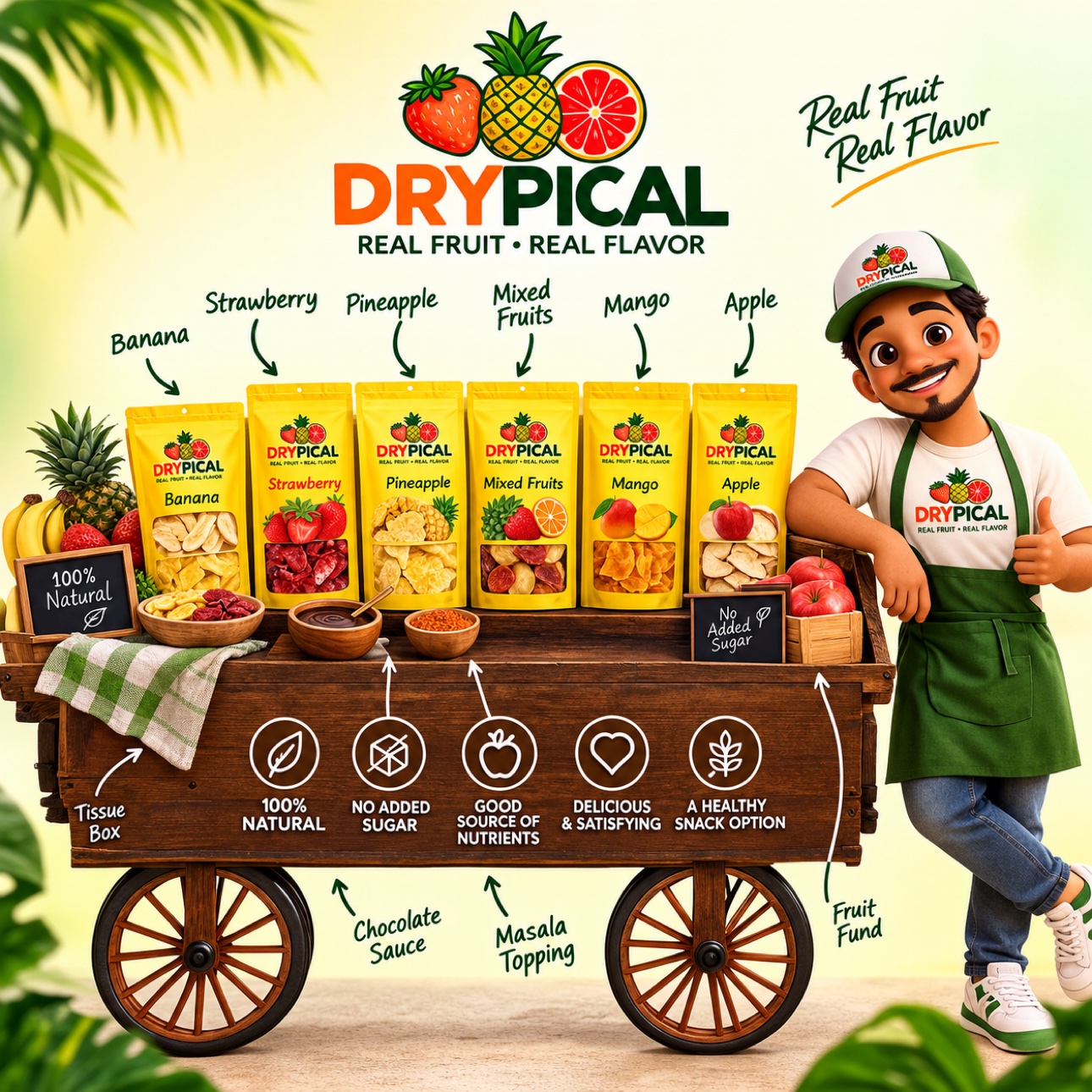Illustration of a wooden market cart with Drypical pouches in Strawberry, Pineapple, Mixed Fruits, Mango and Apple, with badges: 100% Natural, No Added Sugar, Good Source of Nutrients