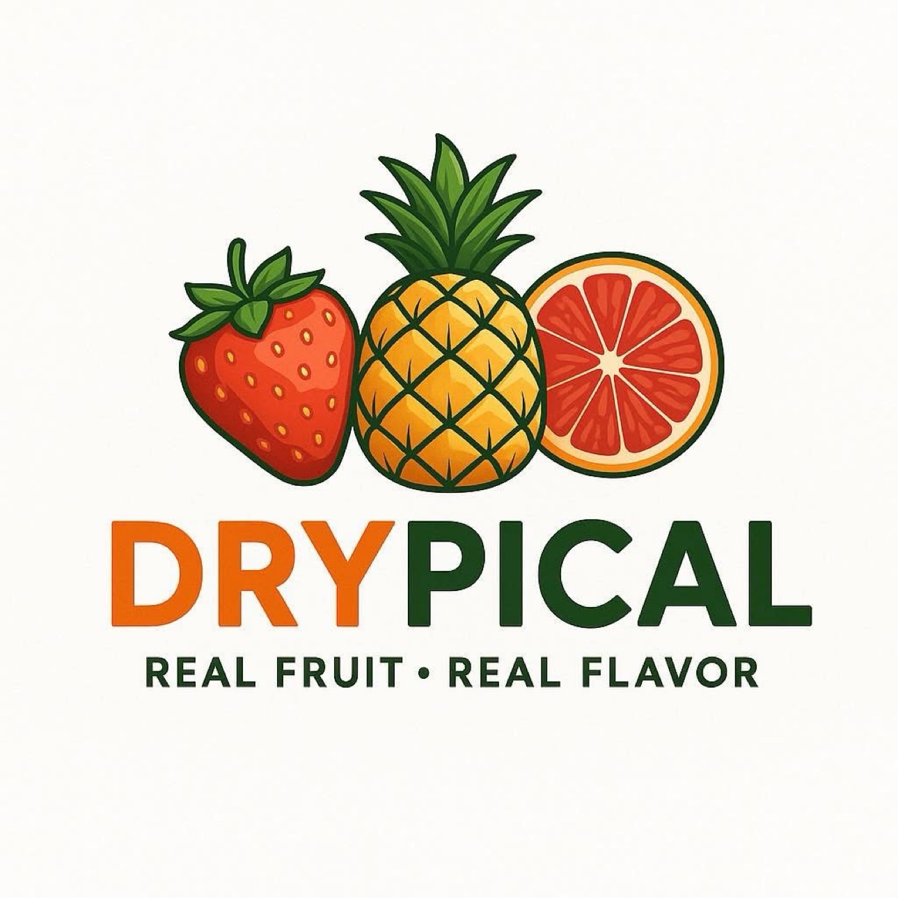 Drypical logo with strawberry, pineapple and orange — Real Fruit, Real Flavor