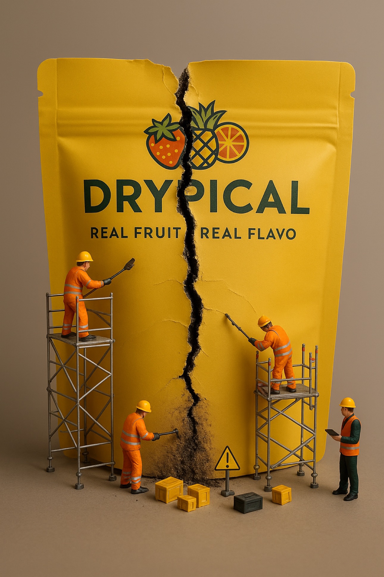 Giant yellow Drypical pouch being finished by tiny workers — our packaging is in its final stage