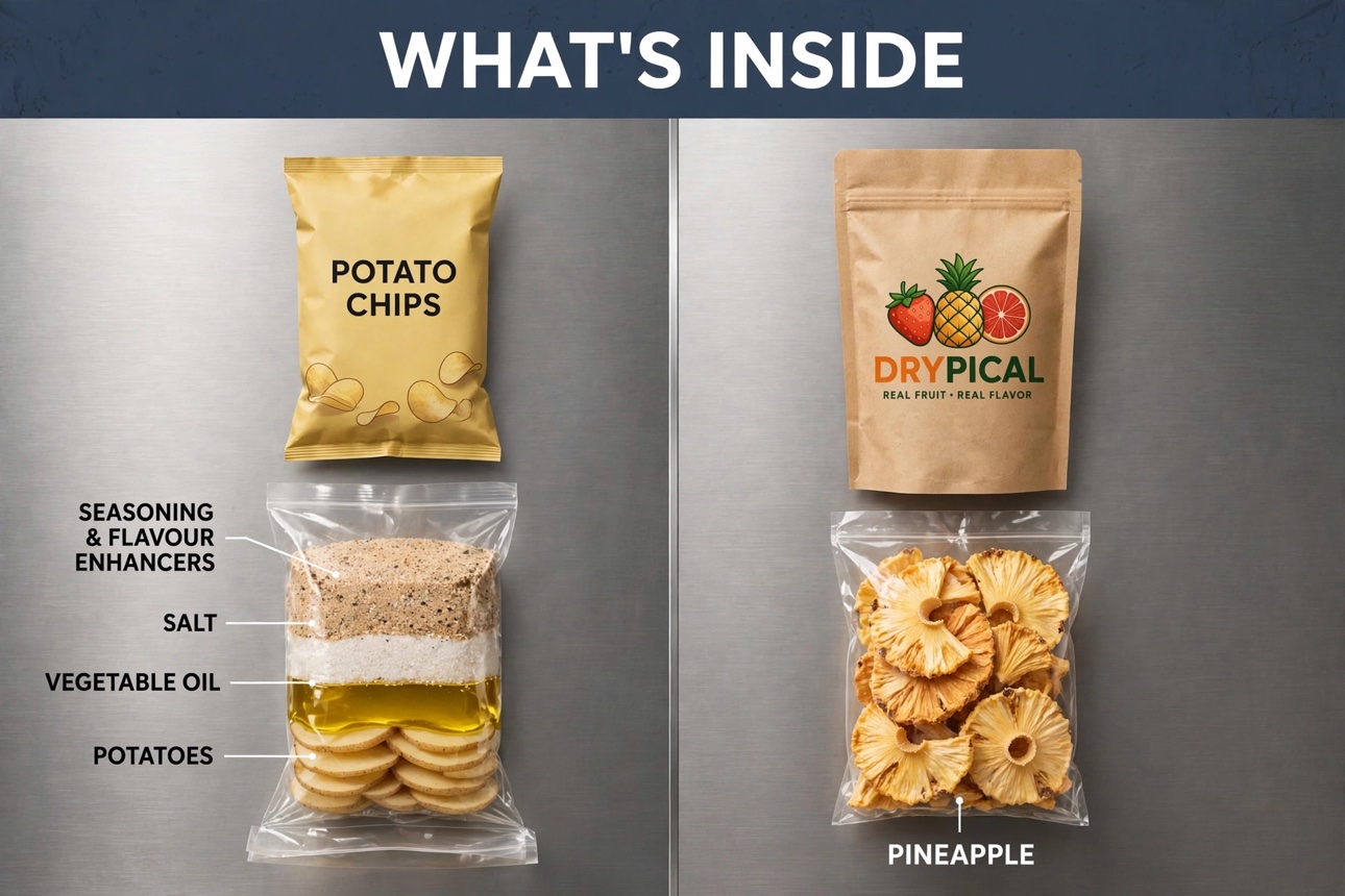 Side-by-side comparison: a potato chips bag shown with seasoning, salt, vegetable oil and potatoes — next to a Drypical concept pouch whose only content is pineapple
